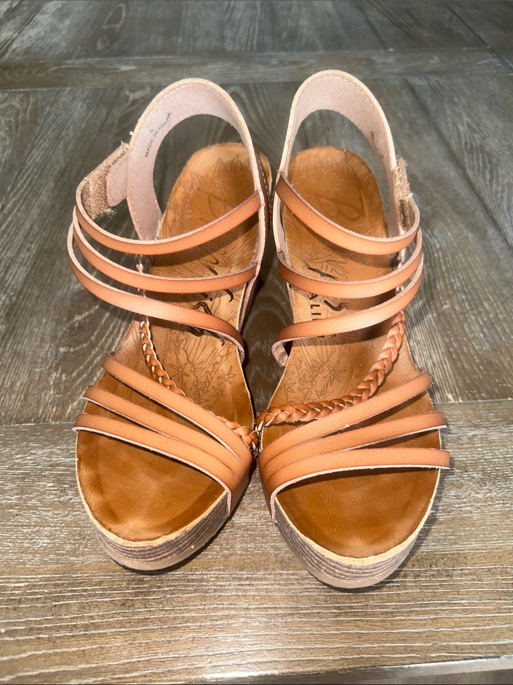 Blowfish Malibu Tan Strappy Cork Wedge Sandals Women’s Size 9 Braided Detail